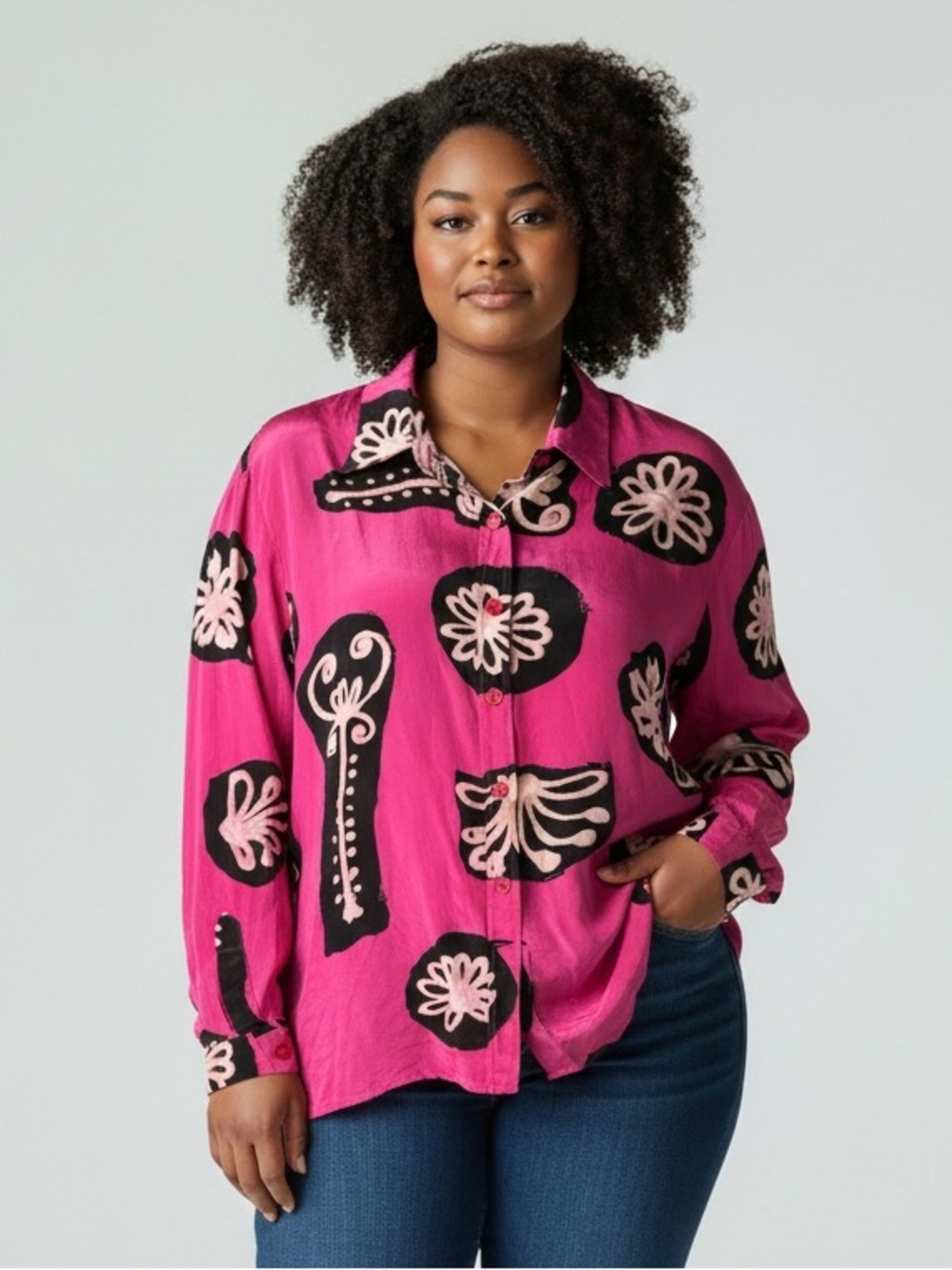 Diane Von Furstenberg Vintage Size XL Pink Black Floral Button-Down Silk Shirt